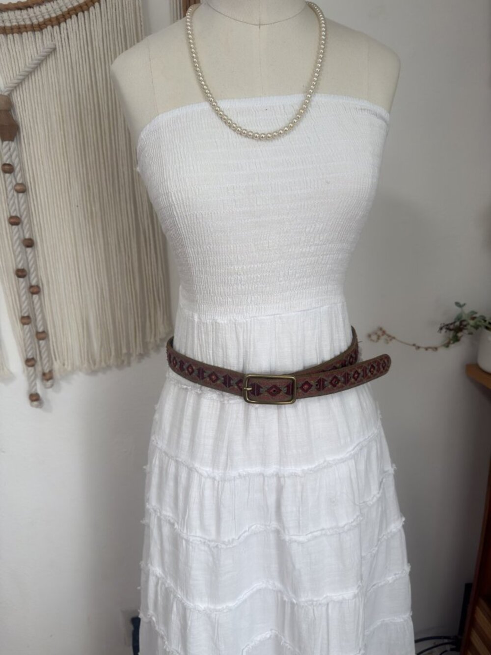Lucky Brand Embroidered Belt Red Pink Aztec Tribal Boho Leather Brass Buckle S